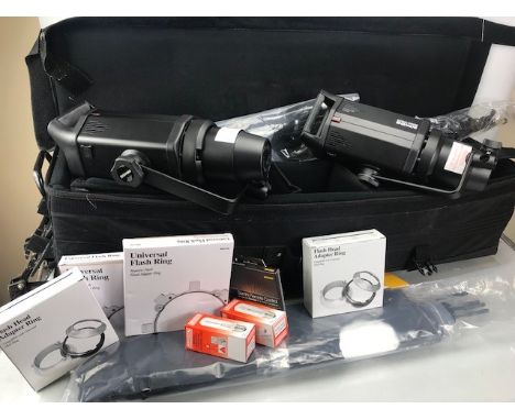 Bowens Gemini GM500R Lighting rig in large carry case on trolley to include 2 * tripods, spotlights 2 * BW-3910, 2 * Universa