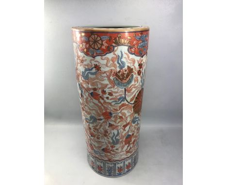 Large Chinese ceramic umbrella / stick stand with blue and red floral design and character mark to base, approx 62cm x 27cm