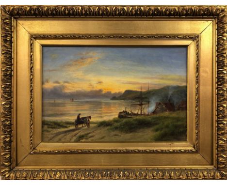 A 19th century gilt framed coastal sunset oil on canvas signed R (Robert) Gallon (British, 1845-1925), framed size 68 x 53cm.
