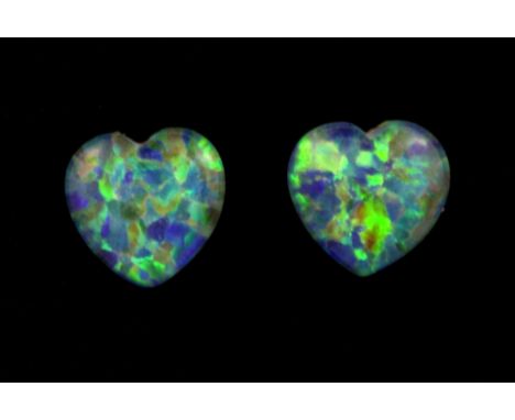 A pair of 925 silver stud earrings set with heart shaped opal triplets.