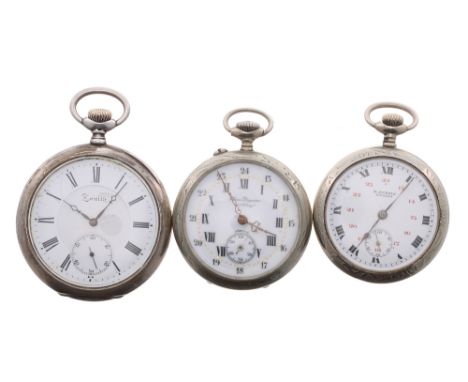 Zenith silver engine turned pocket for repair, no. 1108176, 52mm; together with two similar nickel cased pocket watches (3)