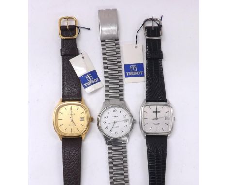 Tissot Seastar Quartz gold plated gentleman's wristwatch, champagne dial with date aperture and centre seconds, brown leather