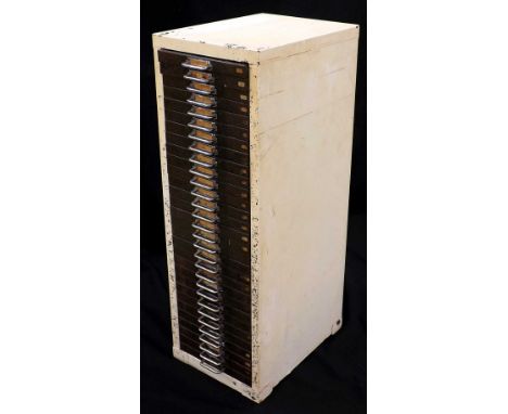 Metal thirty drawer watchmakers chest containing a large variety of watchmakers parts, accessories and movements to include S