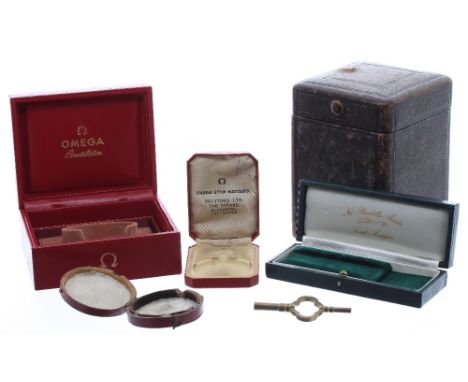 Omega Constellation Electronic f 300 red leather watch box, with watch display, ref. 1401; together with a green leather watc