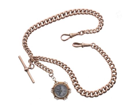 Good 9ct graduated double watch Albert chain with two 9ct clasps, 9ct t-bar and 9ct compass fob, each link individually stamp