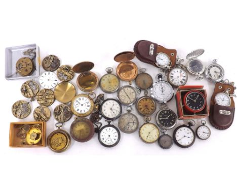 Two modern chrome cased pocket watches with leather belt pouches; together with a quantity of various pocket watches principa