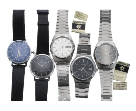 Two Junghans quartz stainless steel gentleman's bracelet watches, the dials with day/date apertures and centre seconds, 36mm 