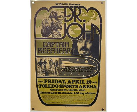 An original concert poster advertising a show at Toledo Sports Area, April 1974 with Dr. John, Captain Beefheart, The Rockets