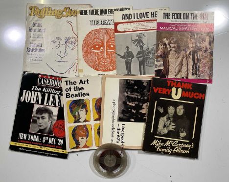 A collection of Beatles memorabilia and collectables to inc: TA-PMC 1202 PPM reel (no box), three pieces of sheet music, 'Art