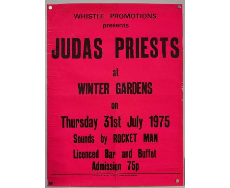An original Judas Priest (misspelled here as 'Judas Priests') concert poster for Cleethropes Winter Gardens, 31st July 1975. 