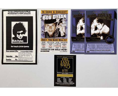 Five Bob Dylan posters: an Isle of Wight 1969 Festival reproduction poster (75x50cm), Australian tour 2007 (60x42cm, two copi