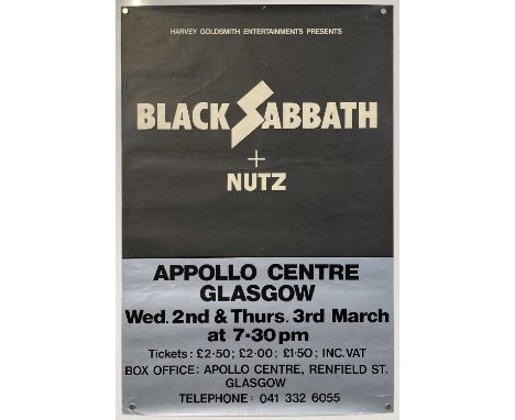 An orignal and rare concert poster advertising Black Sabbath and Nutz at Glasgow Apollo, March 2nd/3rd 1977. Measures approx 
