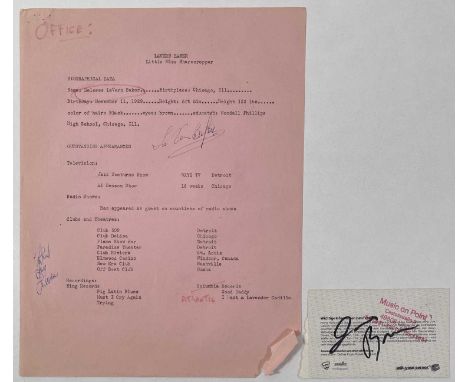 Autographs to inc: biography page (21.5 x 28cm) signed by Lavern Baker. A ticket stub signed to reverse by James Brown.