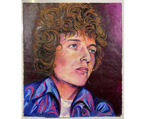 A hand-painted piece of poster art by John Judkins depicting Bob Dylan. 22.5 x 26".
