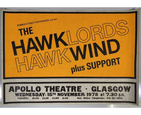 An original concert poster advertising Hawkwind at Glasgow Apollo, 15th November 1978. Measures approx 30x40". VF condition w