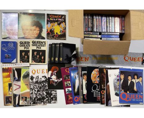 To inc: 20 assorted Queen VHS, tour programmes inc Kind of Magic, 'Greatest Pix' book, calendars, poster pack, 'Kind of Magic