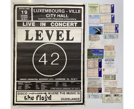 An original concert poster for Level 42 in Luxembourg (27.5 x 39.5") c 1990s, 26 assorted c 1990s/00s ticket stubs inc New Or