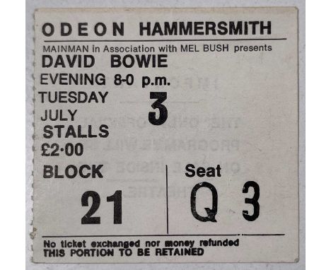 An original ticket stub for the final date on David Bowie's famous Ziggy Stardust tour, 3rd July 1973 at London's Hammersmith