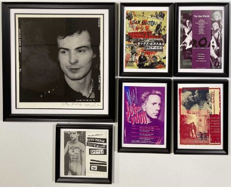 Sex Pistols and solo member ephemera to inc: Sid Vicious photo print signed by photographer (framed, image 15 x 16.5"), five 