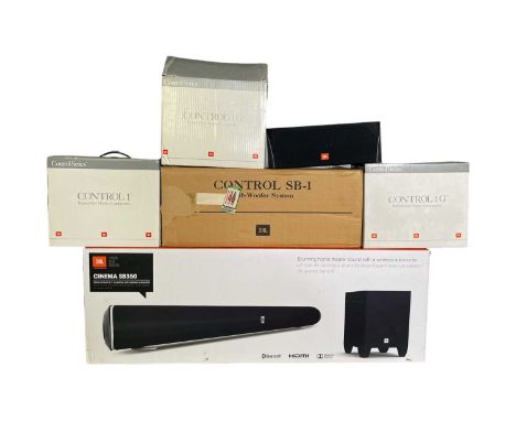 A colelction of JBL speakers to incude a MR center speaker, 2x pairs of Control 1G speakers, 1x pair of Control 1 speakers, a