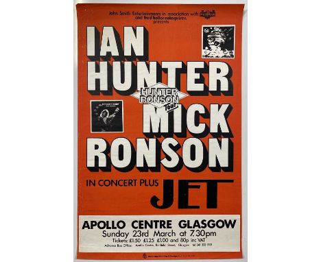 An original 1975 concert poster advertising Mick Ronson, Ian Hunter and Jet at Glasgow Apollo, 23rd March 1975. Approx 20x30"