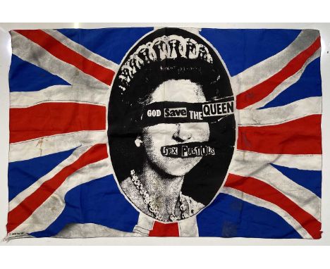 An original and official first print c1980s promotional flag with design c1977 by Jamie Reid. Measures 105 x 70cm. Some stain
