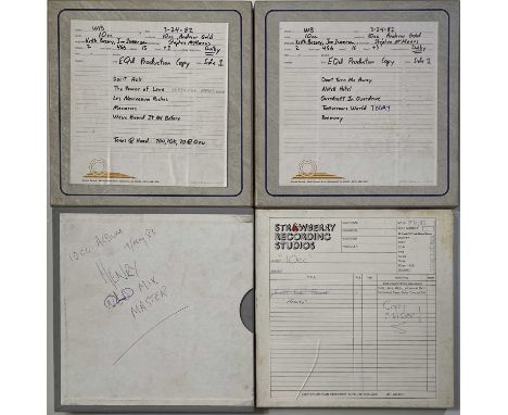 Four boxed reels of 1/4" recording tape, one marked '10cc Album 19 May 83 Henry OLD MIX MASTER', two reels with 'Sunset Sound