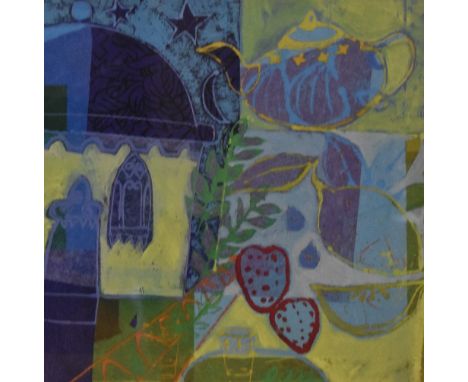 After Katharina Riedel (20th Century, Dutch), coloured print, An abstract illustration in shades of yellow, brown, and red, s