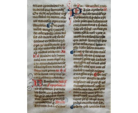 An illuminated leaf taken from a Medieval Manuscript Breviary, of French origin and on vellum, double sided, framed, mounted,