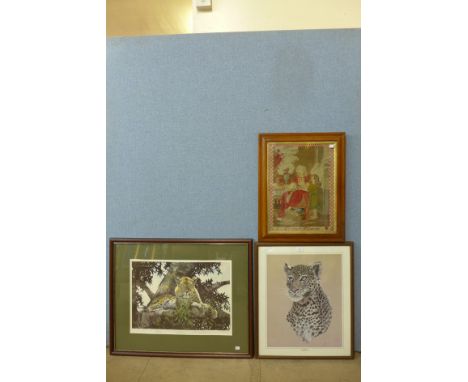 A Dorothea Buxton-Hyde print of a leopard, signed by Johnny Morris OBE, another leopard print and a Victorian tapestry, Eli &