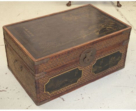 TRUNK, Chinese rattan, black lacquer and gilt decorated with hinged top, 37cm H x 80cm W x 50cm D.