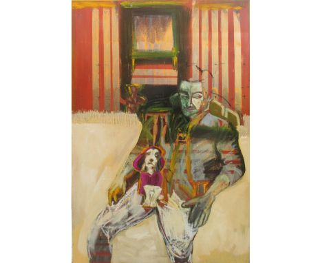 GINETTE FIANDACA, 'Portrait with dog', oil on canvas, signed verso, 150cm x 100cm.