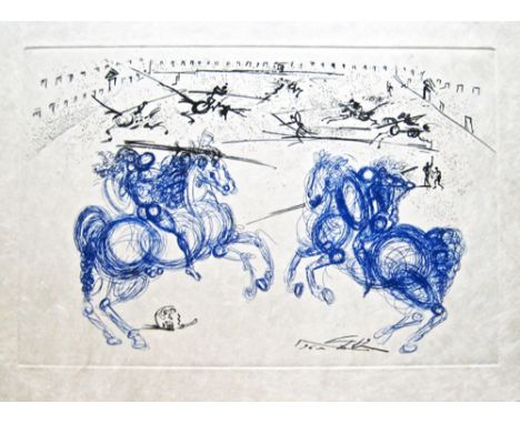 SALVADOR DALI, 'Knightly Combat', original etching and aquatint in colours, 1975, signed and dated in the plate, 38cm x 28cm,