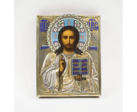 RUSSIAN ICON, study of Christ Pantocrator with hallmarked silver oklad and coloured enamel highlighted halo, 18cm H x 14cm W.