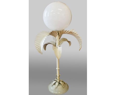 TABLE LAMP, late French Art Deco palm tree design with glass orb light in white painted finish, 85cm H. (slight faults)