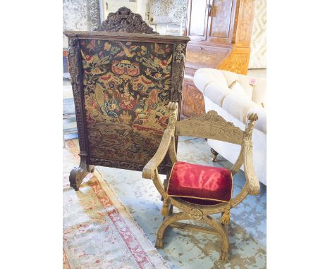 FIRESCREEN, late 19th century Continental oak with gros and petit point needlework panel, 141cm H x 93cm W x 51cm D and an oa