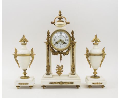 PORTICO CLOCK GARNITURE, white marble and gilt metal, French bell striking movement, 39cm max., together with conforming urn 