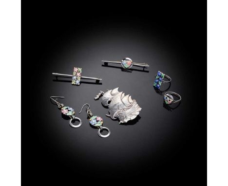 § BERNARD INSTONE (BRITISH 1891-1987) COLLECTION OF JEWELLERY including a brooch of a galleon, stamped 'SILVER / B.I.', 5.8cm