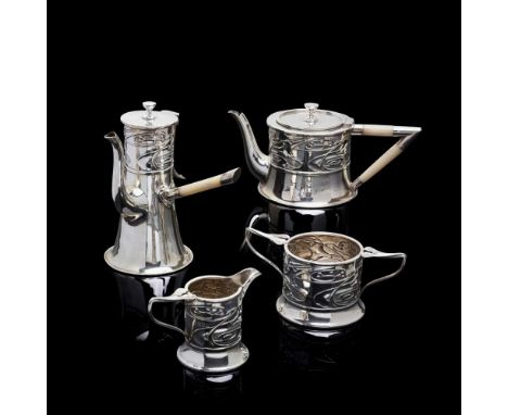 KATE HARRIS (BRITISH 1878-1949) FOR WILLIAM HUTTON &amp; SONS LTD. COFFEE SET, LONDON 1906-1911 silver and mother-of-pearl, c