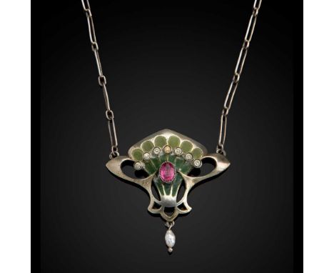 JULIUS DOLL, PFORZHEIM (ATTRIBUTED TO) JUGENDSTIL PENDANT NECKLACE, CIRCA 1900 silver, plique-à-jour enamel, paste, pink tour