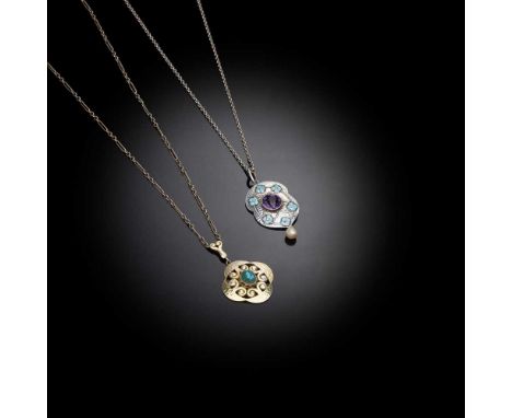 MURRLE, BENNETT & CO. LTD., LONDON PENDANT NECKLACE, CIRCA 1905 silver, enamel, amethyst and baroque pearl, with associated c