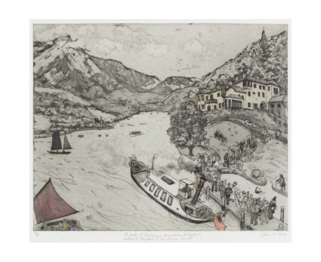 § CHRIS ORR M.B.E, R.A. (BRITISH 1943-) A PARTY OF RUSKINIANS DISEMBARKING AT BRANTWOOD WATCHED BY THE GHOST OF THE OLD MAN H
