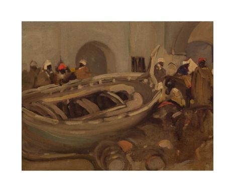 § JOHN DUNCAN FERGUSSON R.B.A. (SCOTTISH 1874-1961) FISHING BOAT, MOROCCO, c.1899 oil on canvas, 25.5cm (10in), 33cm (13in); 