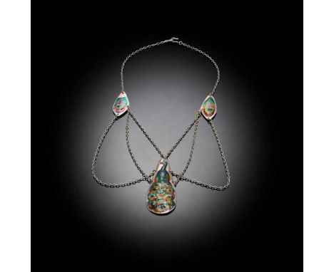 ENGLISH ARTS &amp; CRAFTS 'PEACOCK' NECKLACE, CIRCA 1895-1905 white metal and enamelDimensions:central pendant 6cm (2 3/8in) 