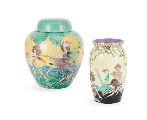 ELIZABETH MARY WATT (BRITISH 1855- 1952) GINGER JAR AND COVER, CIRCA 1920 on Carltonware blank, painted with fairies, painted