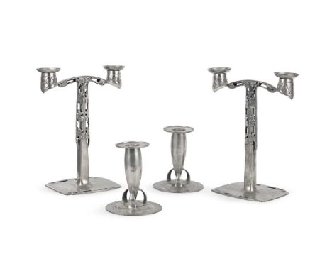 ARCHIBALD KNOX (BRITISH 1899-1933) FOR LIBERTY & CO., LONDON PAIR OF CANDELABRA, CIRCA  1904 pewter, stamped ENGLISH PEWTER/ 