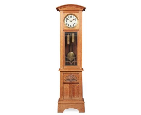 CONTINENTAL JUGENDSTIL LONGCASE CLOCK, CIRCA 1910 oak case, silvered dial, with brass weights and pendulum, one keyDimensions