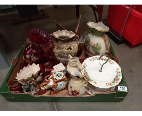 A box of vintage pottery &amp; glass including elephants &amp; cake stand etc A/F COLLECT ONLY