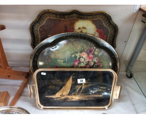 3 vintage metal pictorial trays COLLECT ONLY