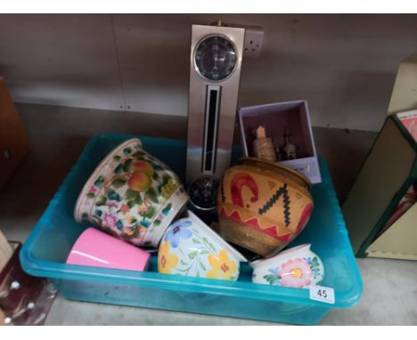 A box of pottery planters &amp; garden thermometer etc. COLLECT ONLY